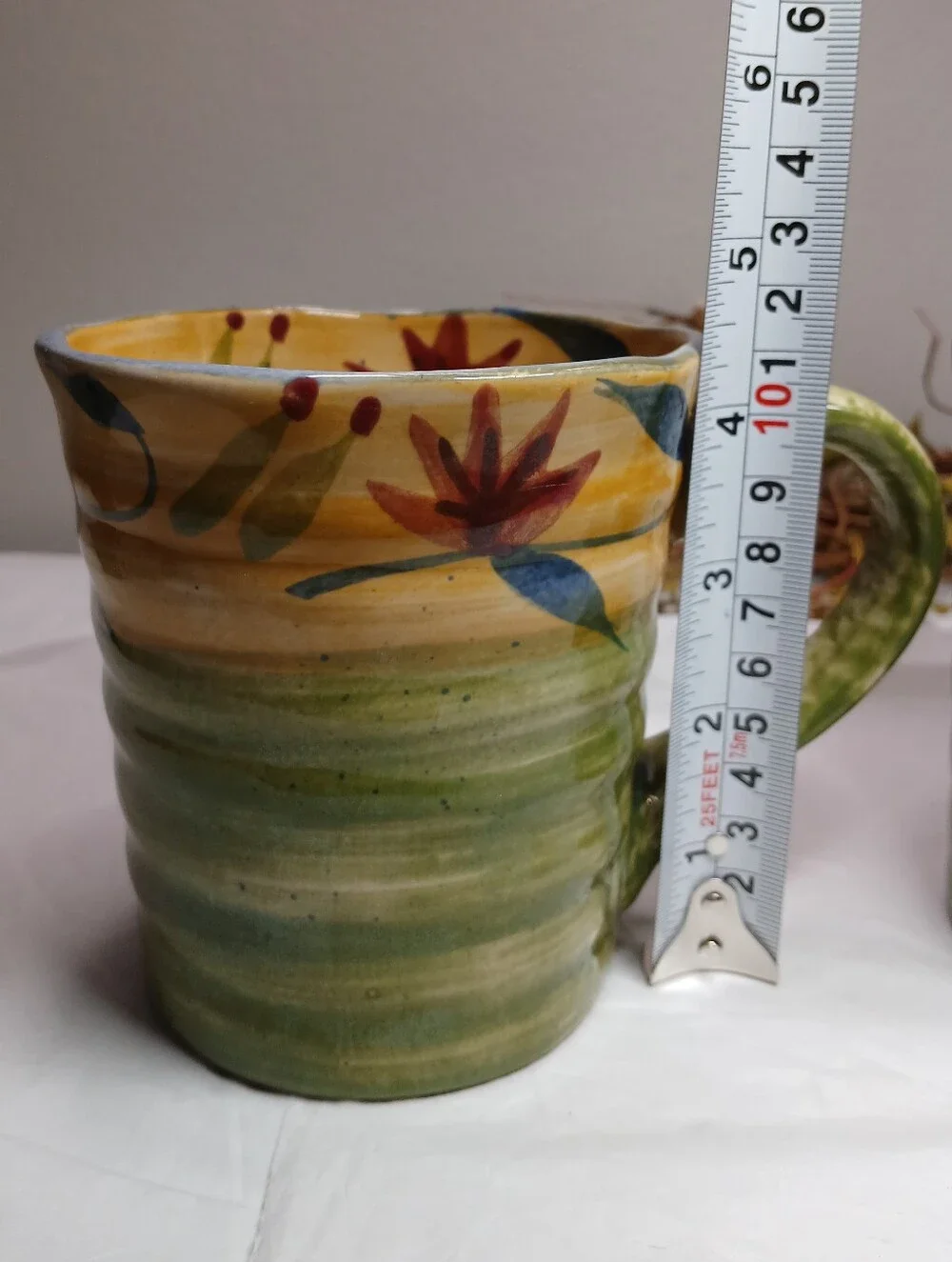 2 Pier 1 Hand-Painted Ceramic Mugs in Yellow, Green and Blue Elizabeth Style